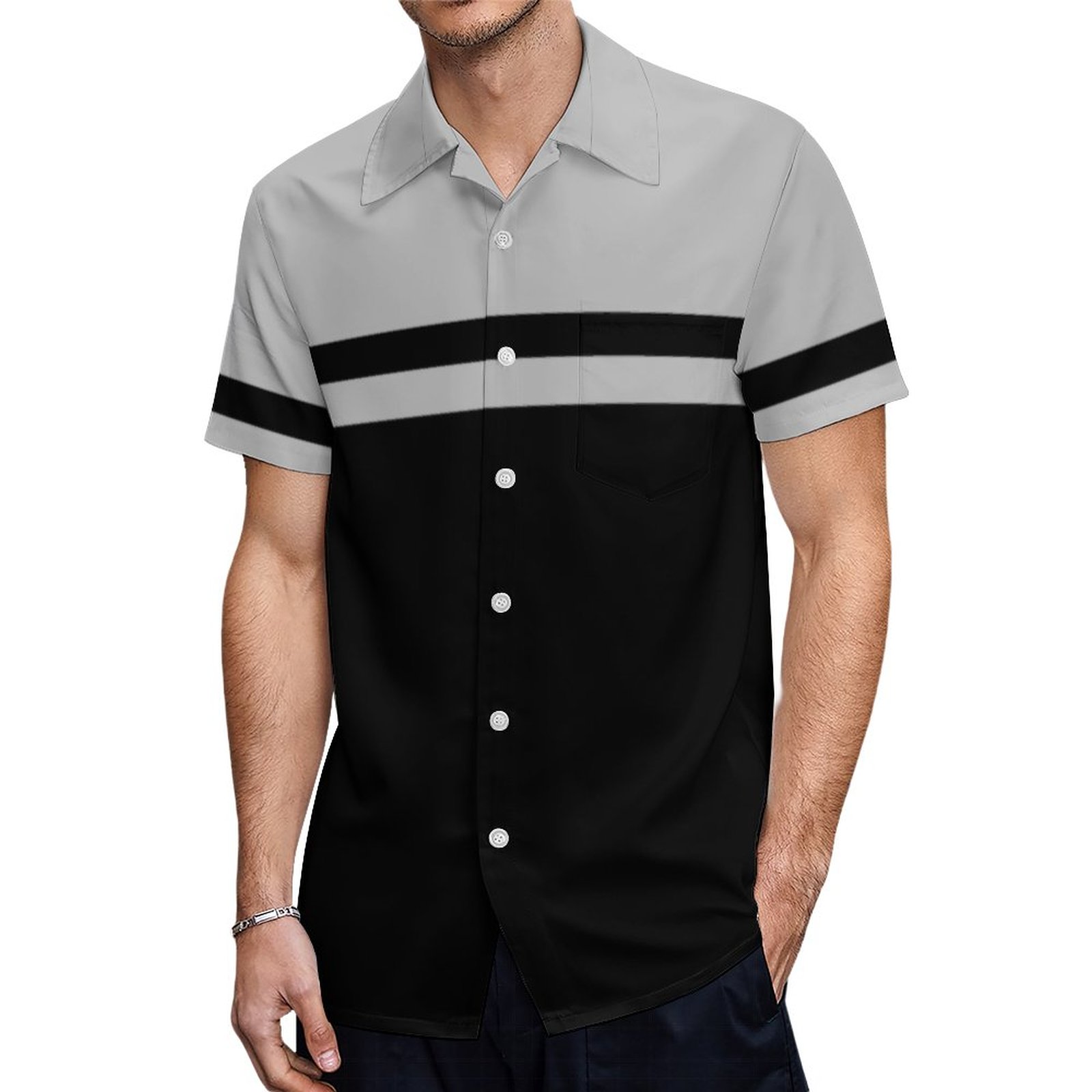 Black And Grey Thigh Striped Above The Knee Hawaiian Shirt Mens Button Down Tropical Hawaii Beach Shirts