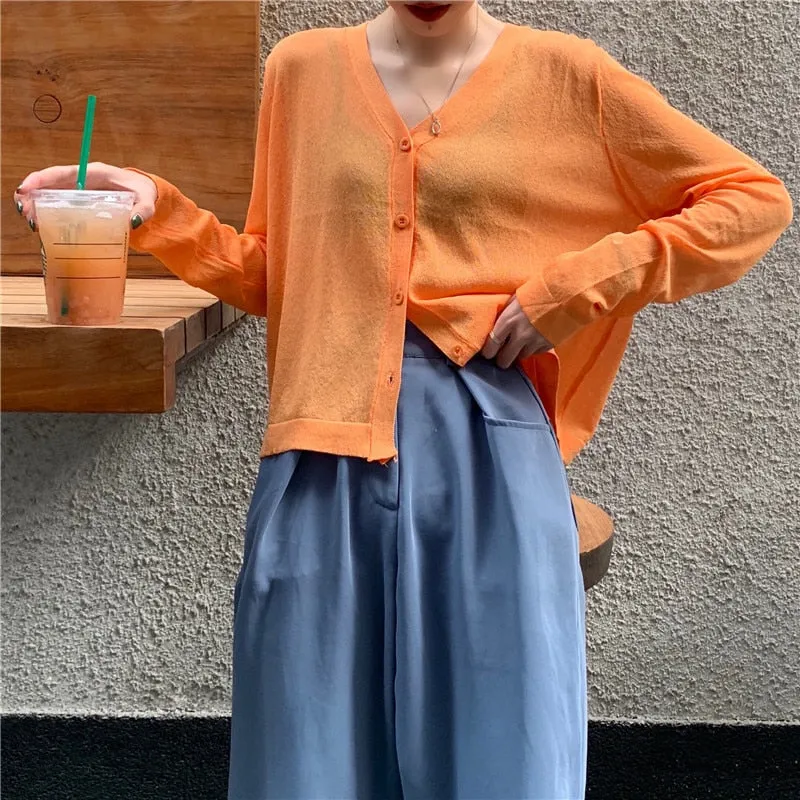 Cardigan Women Korean Long Sleeve Cardigan Summer Cropped Cardigan Knitted V neck Thin Ice Silk Sweaters Sunscreen Shirt Tops