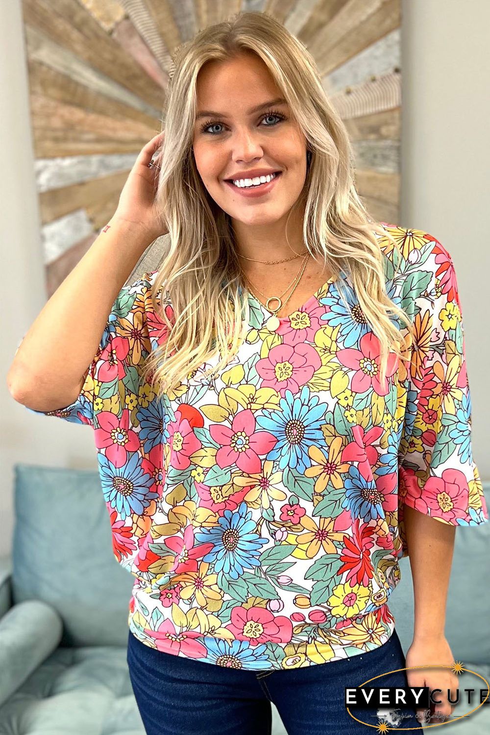 Multicolor Floral Print V Neck Half Sleeve Blouse
