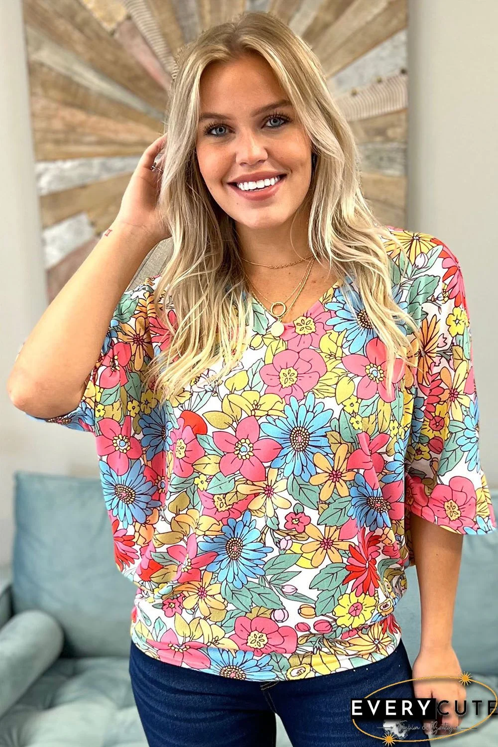 Multicolor Floral Print V Neck Half Sleeve Blouse