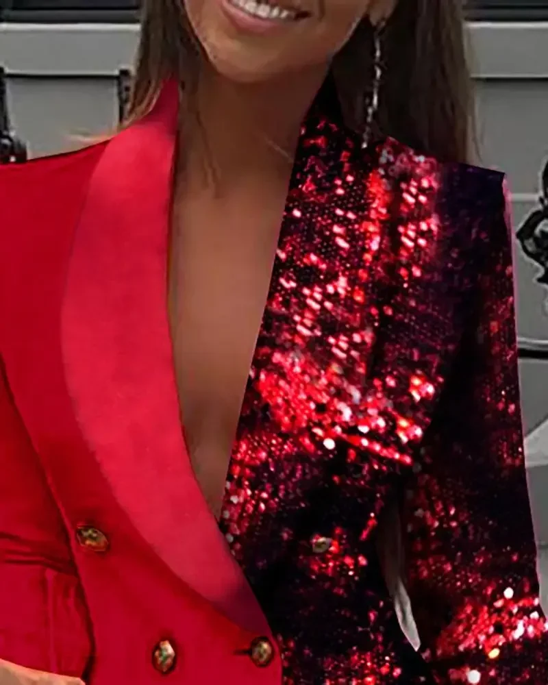 Women's Shining Sexy Colorblock Sequin Long Sleeve Party Blazer Dress