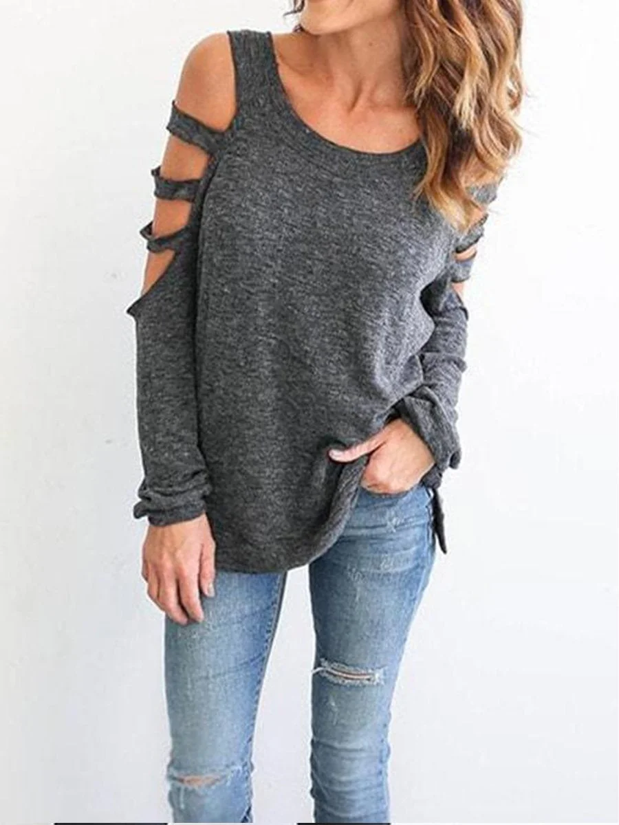 Round Neck Hollow Out Long Sleeves T-Shirts