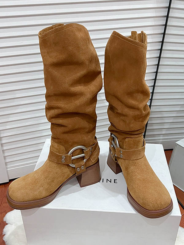 Buckle Round-Toe Split-Joint Velvet Boots Pumps
