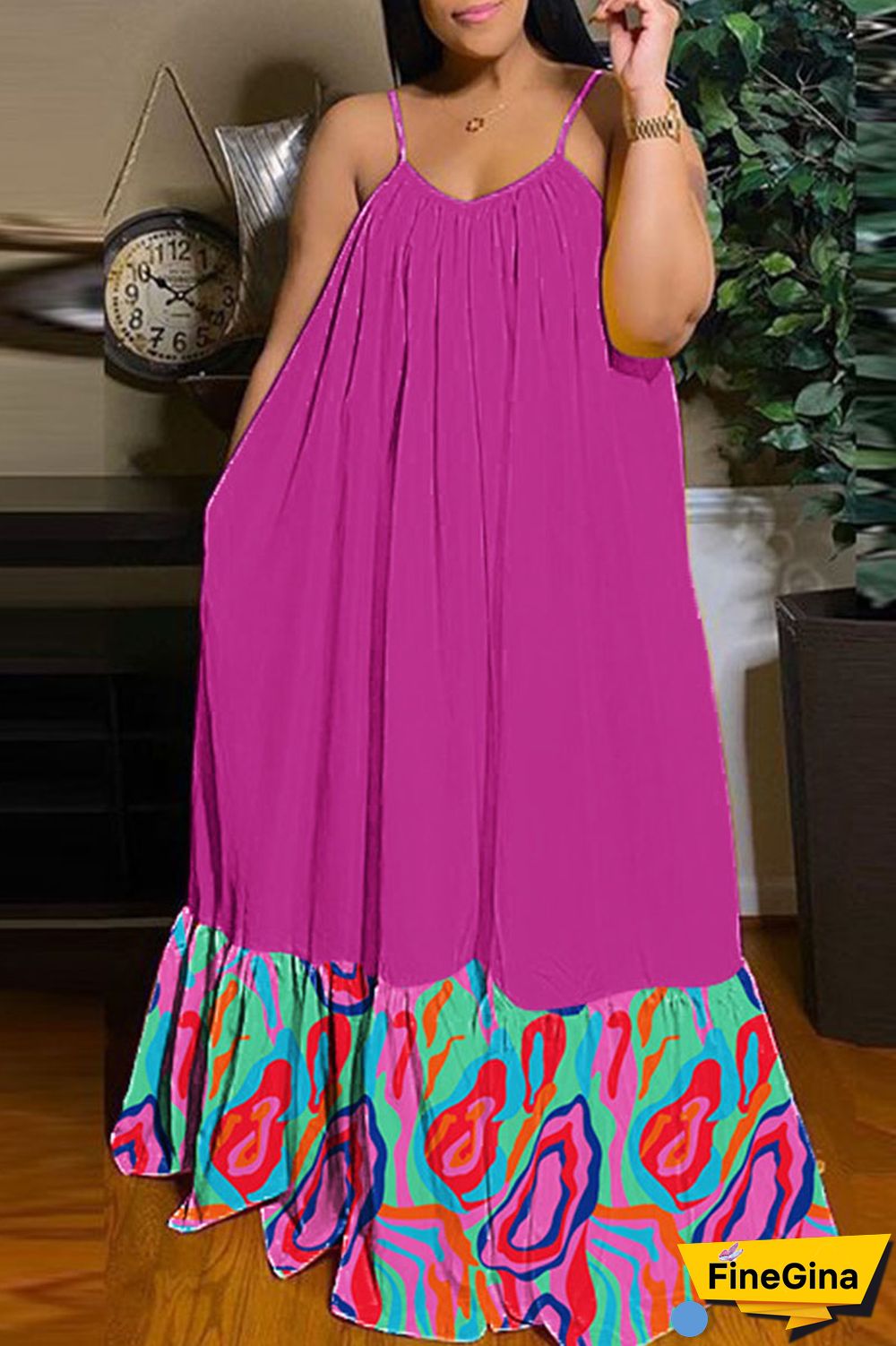 Black Brown Casual Street Print Patchwork Spaghetti Strap Sling Dress Dresses