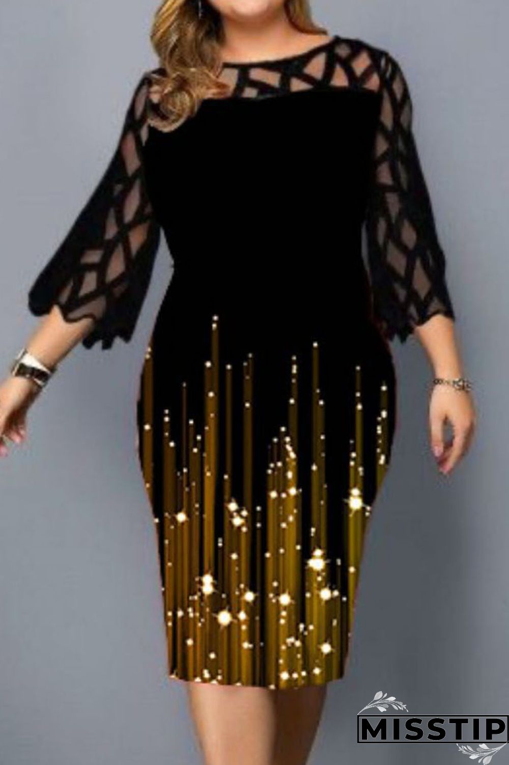 Black Casual Print Patchwork O Neck Straight Plus Size Dresses