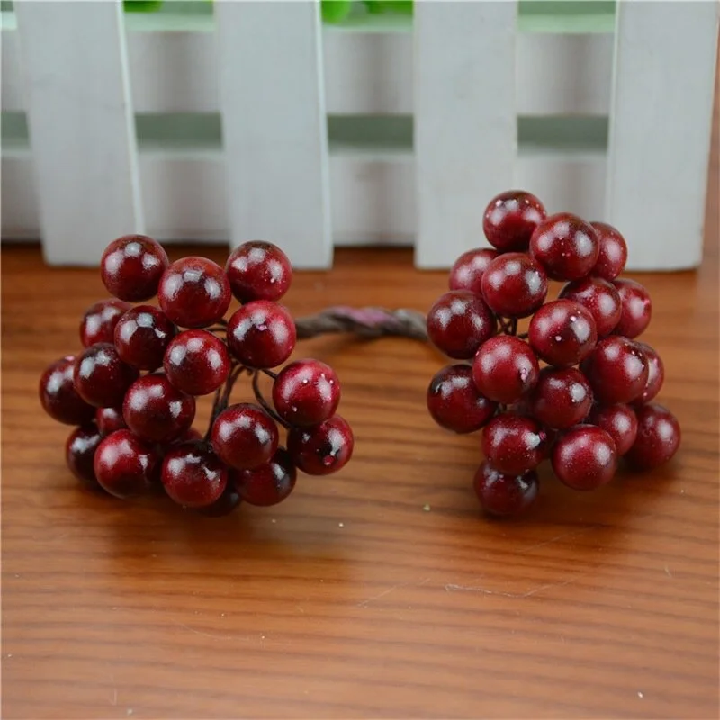 20pcs/40head Pearl Double Head Berries Mini Fake Fruit Berries Artificial Red Cherry Flower Bouquet Stamen Christmas Decorative