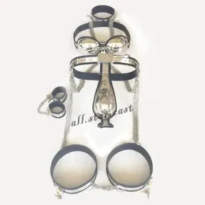 pornhint Pornhint Stainless Steel Chastity Belt Device Collar Bra Hand Cuffs Body Binding Kit