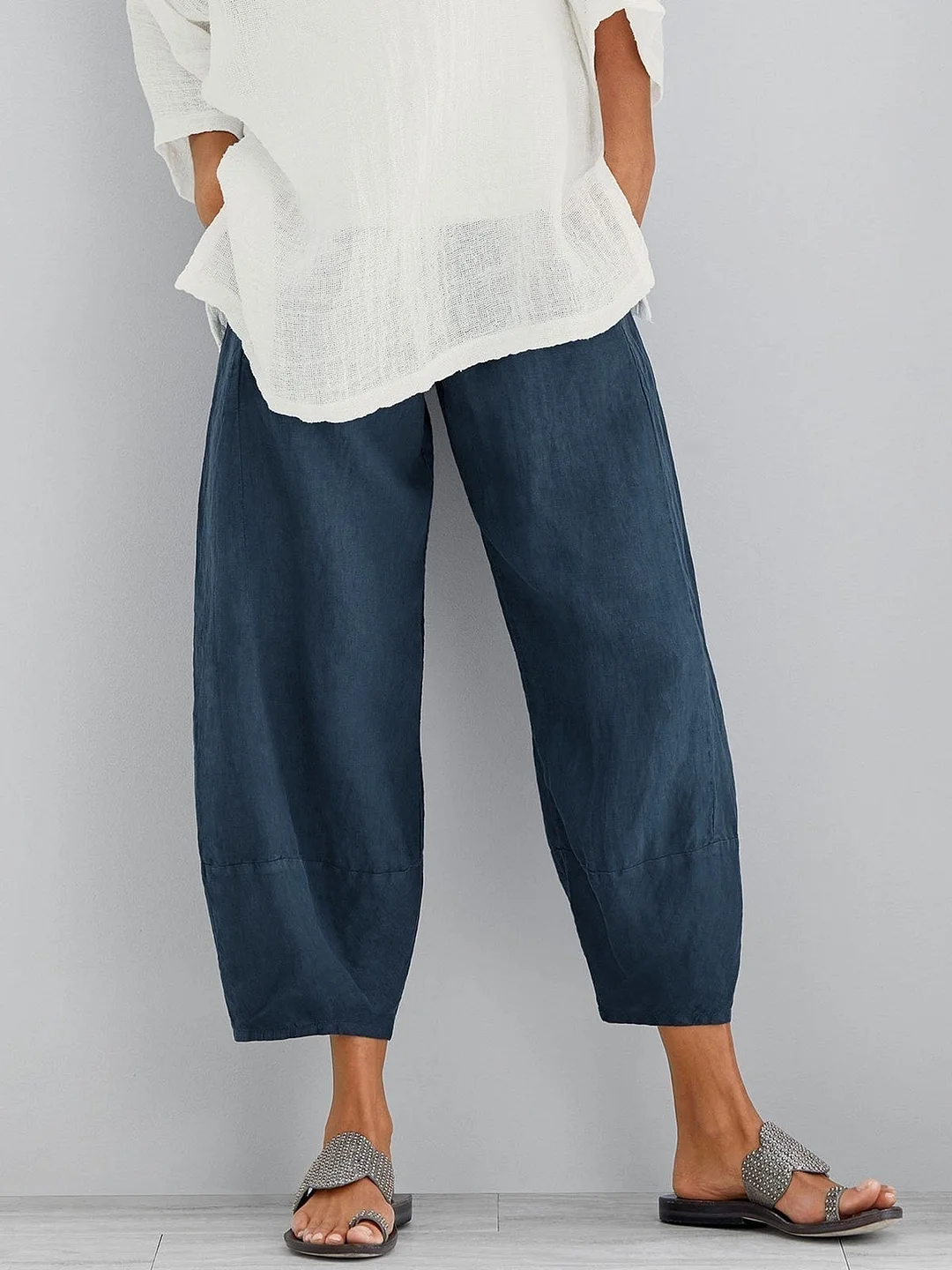 Casual Cropped Pants Cotton Trous ers In Navy Blue for Women