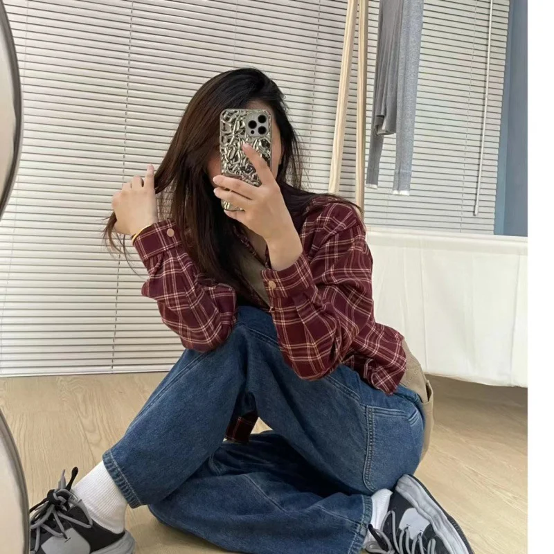 Uveng Uveng Plaid Shirt Coat Women Loose Long Sleeve Folding Design Sense Retro Casual Checker Shirt Blouse Tide
