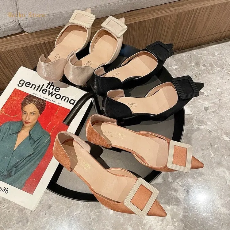 2021 Summer New Shoes Women's Shoes Slip-on Shoes Summer Pu Pointed Toe Horseshoe Heel Low Mouth High Heel Satin PU creamy-white