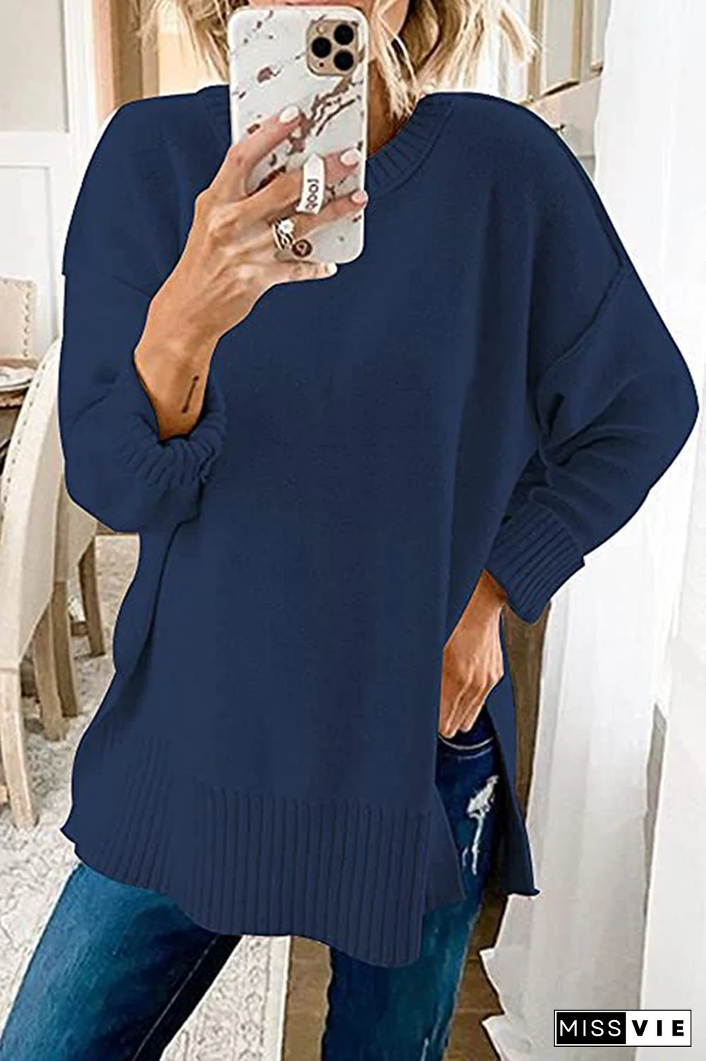 Casual Solid Patchwork Slit O Neck Tops Sweater