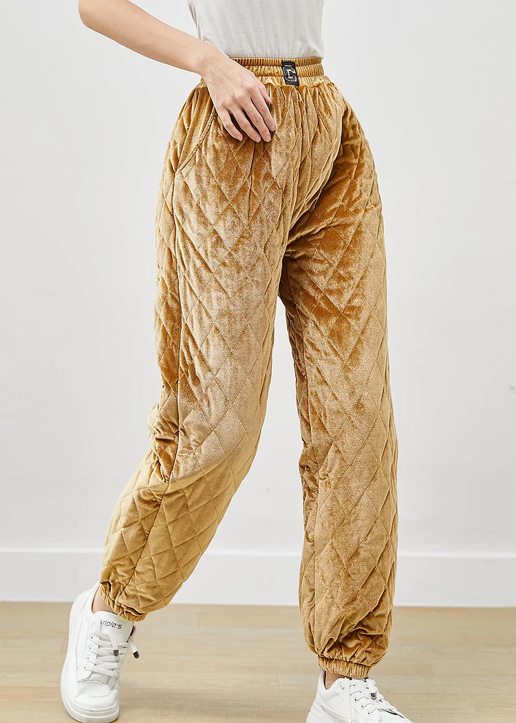 Khaki Fine Cotton Filled Silk Velour Pants Elastic Waist Winter