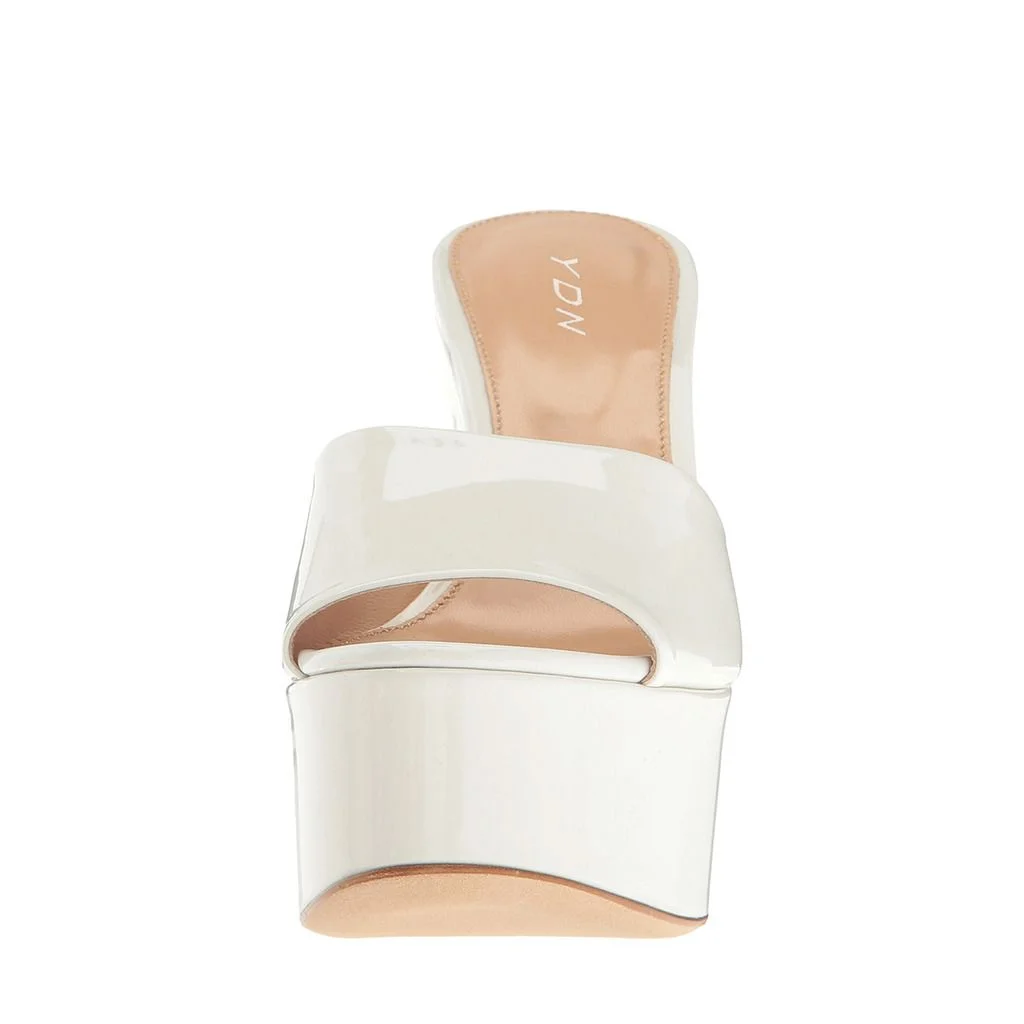 White Patent Leather Round Toe Wide Band Bold Platform Mules