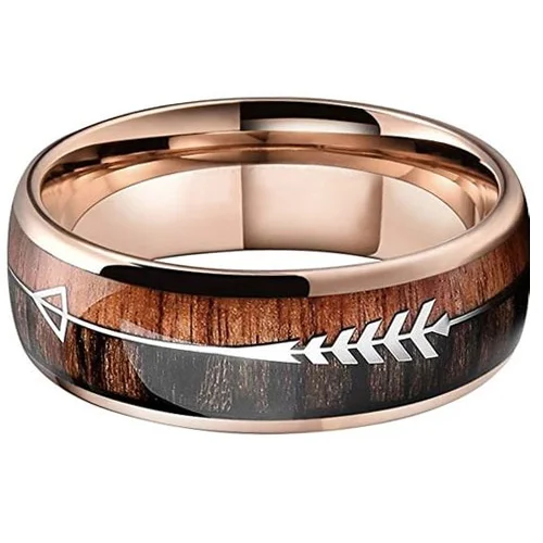 6MM 8MM Women's Or Men's Domed Tungsten Carbide Wedding Matching Rings Rose Gold Cupid's Arrow Over Wood Inlay With High Polish Dark Wood Inlay