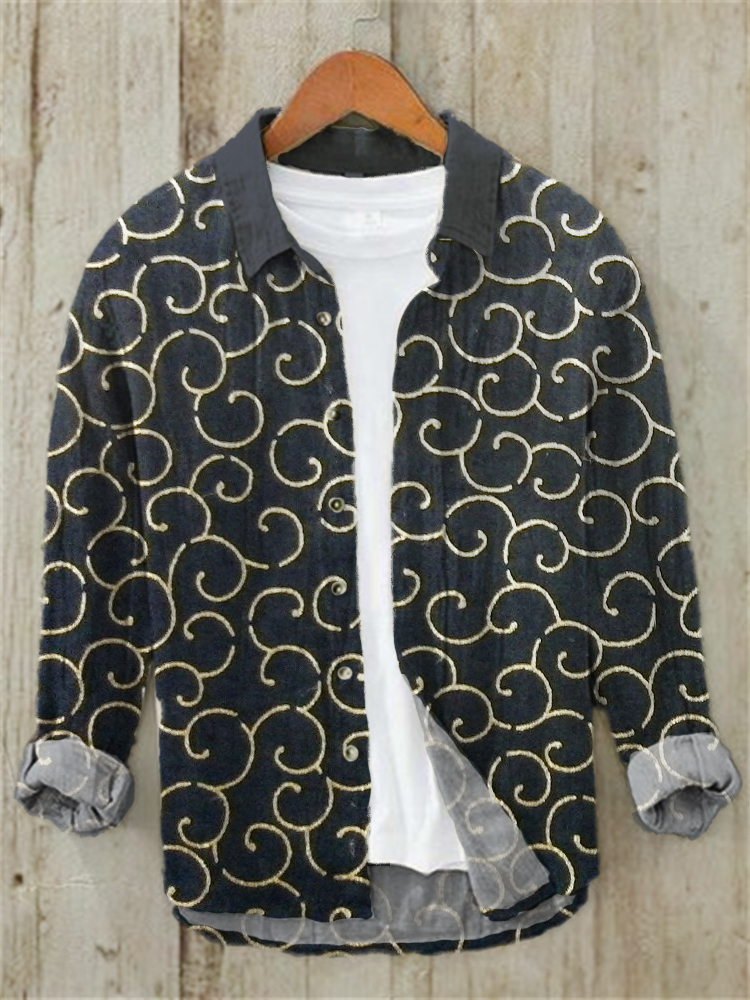 Comstylish Japanese Line Print Linen Long Sleeve Shirt