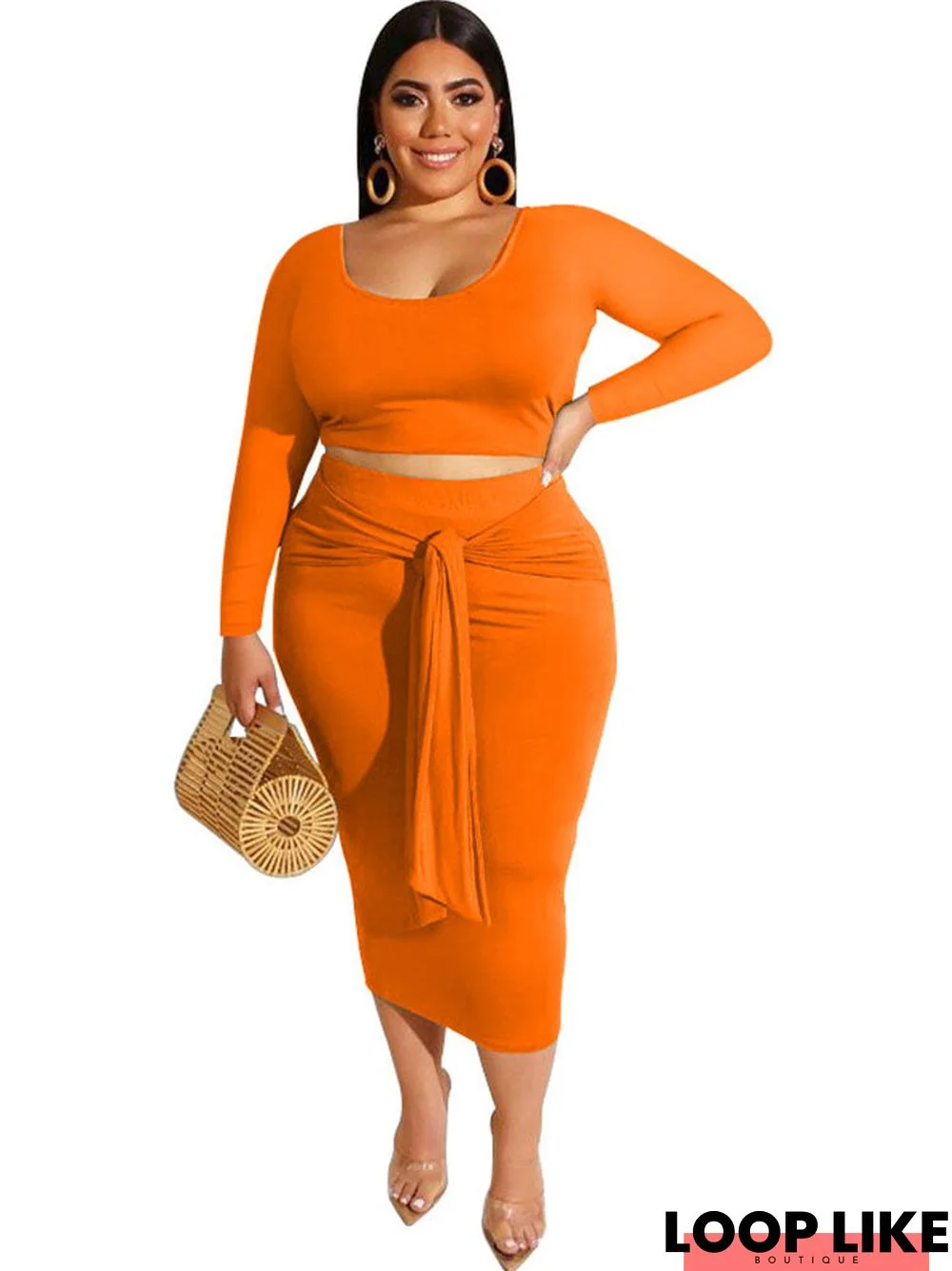 Two Piece Solid Crop Top Midi Skirt Plus Size Set