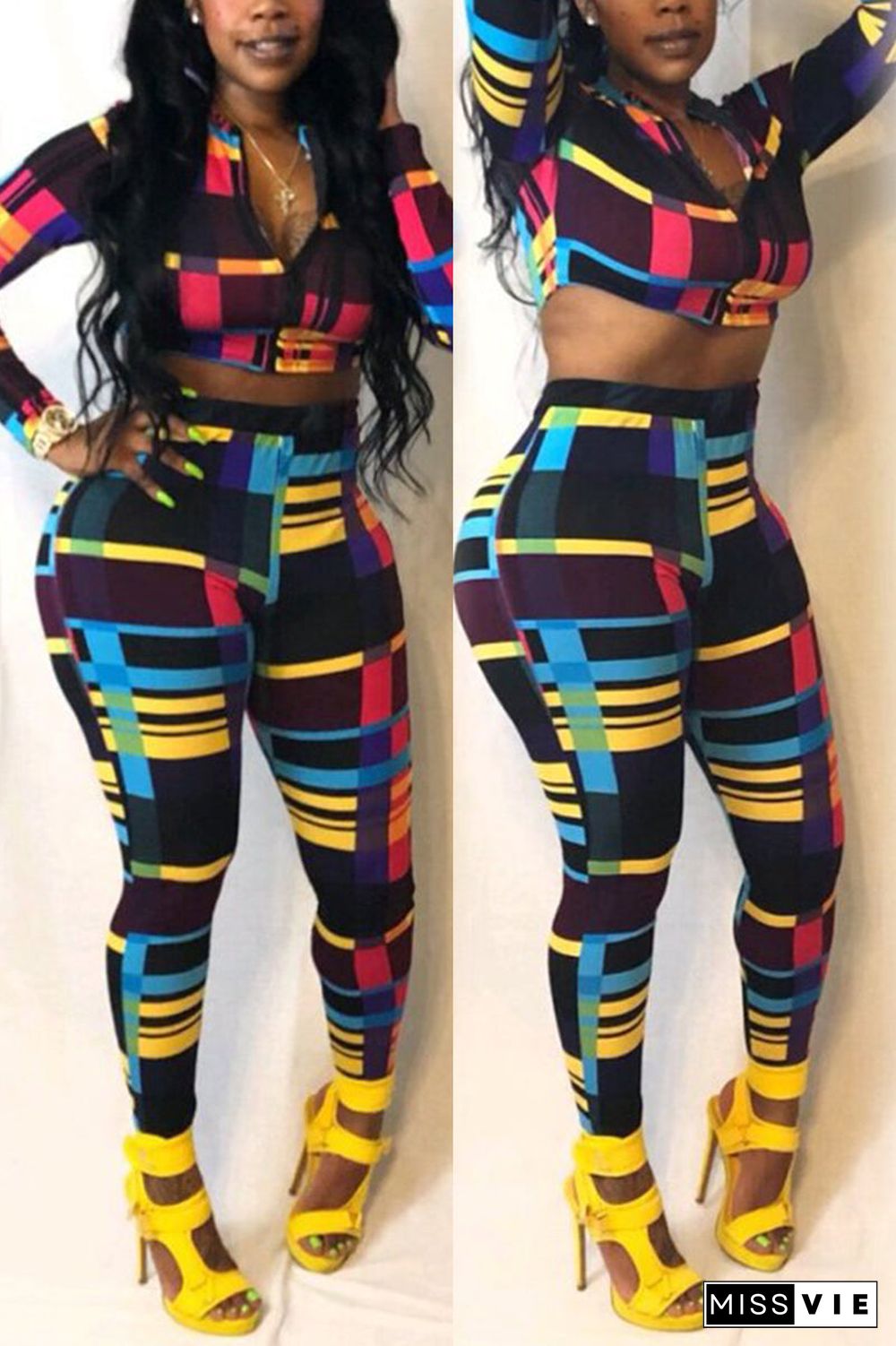 Fashion Sexy Print Basic Zipper Collar Long Sleeve Two Pieces