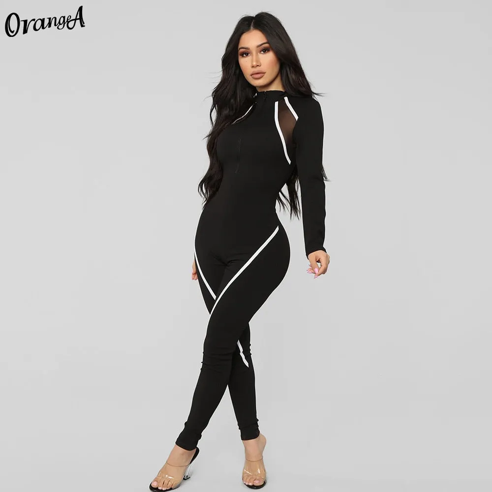 OrangeA Long Sleeve Women Jumpsuits Mesh Striped Patchwork Sporty Workout Active Wear Zipper Fitness Streetwear Skinny Outfits
