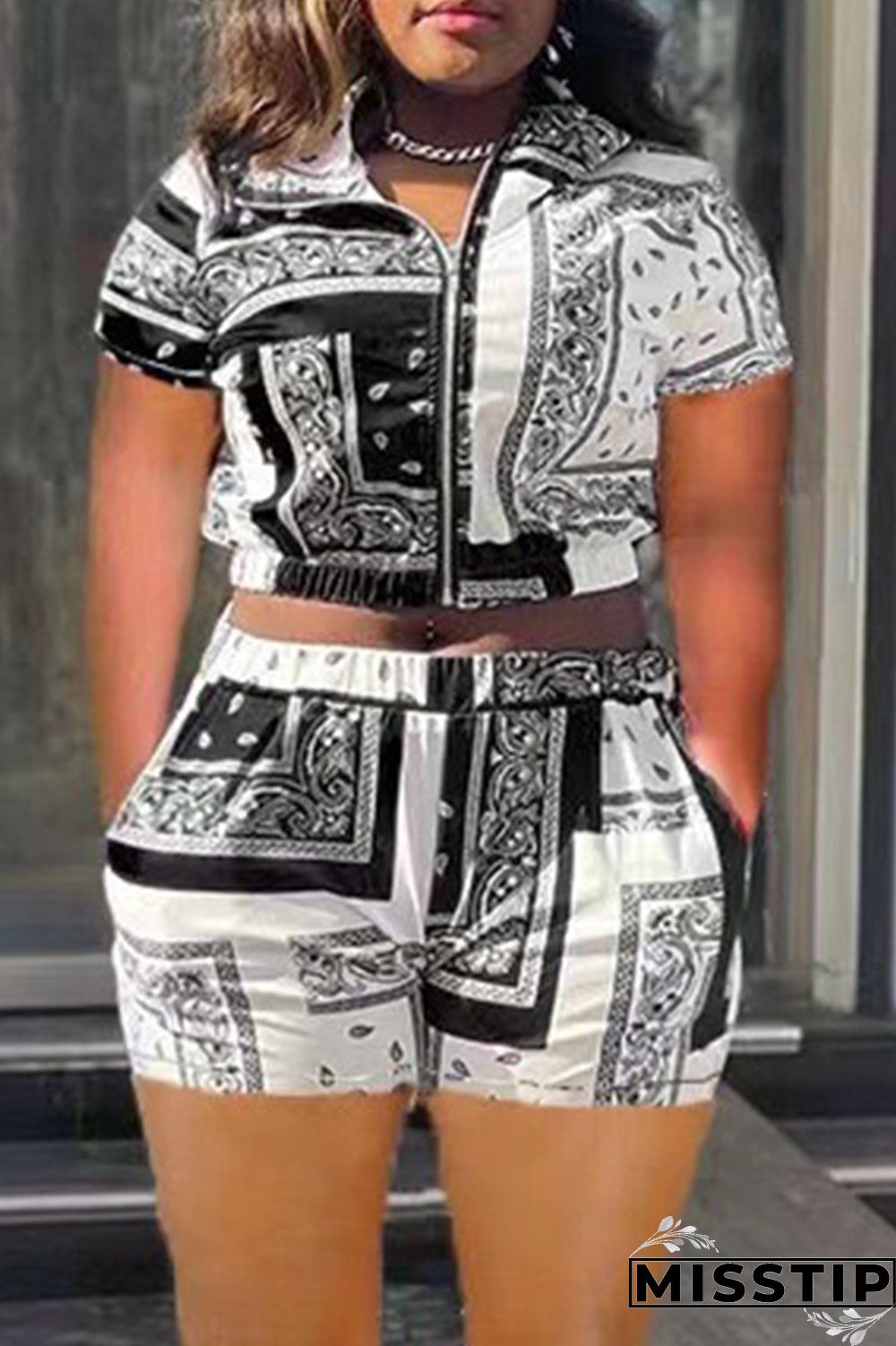 Blue Casual Print Patchwork Zipper Collar Short Sleeve Two Pieces