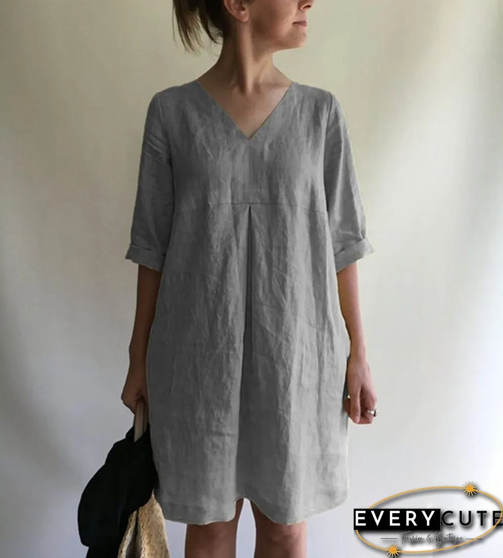 Women's Fashion Loose Tunic Dress Casual V-neck Solid Color Dress Boho Dress