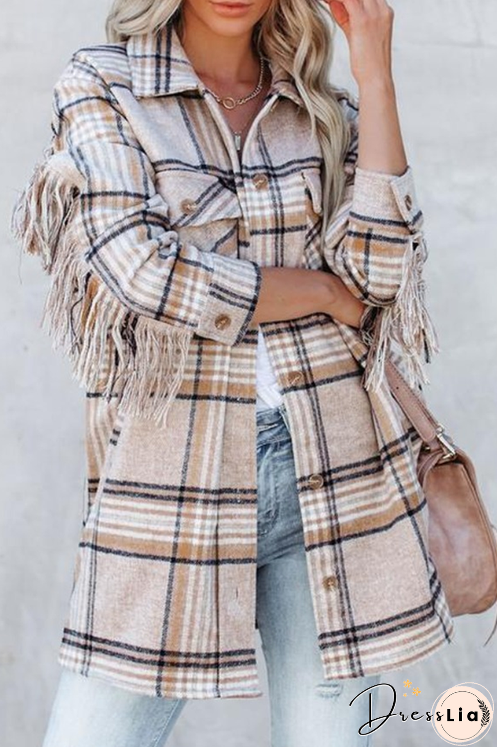 Casual Plaid Tassel Buckle Turndown Collar Outerwear