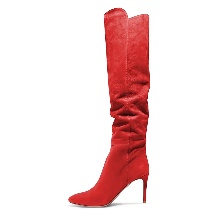Red Suede Knee High Stiletto Boots |FSJ Shoes