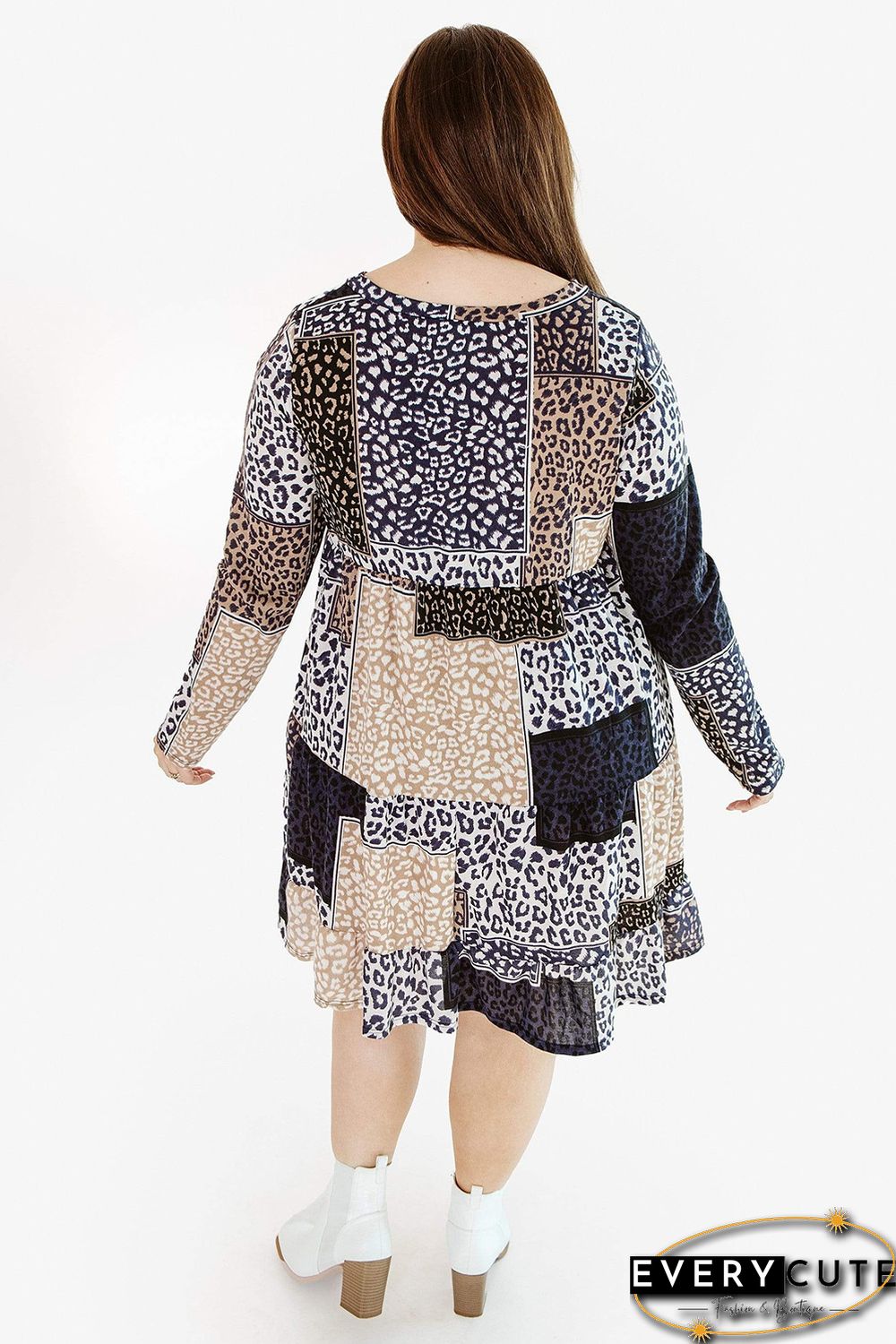Plus Size Long Sleeve Mixed Leopard Dress