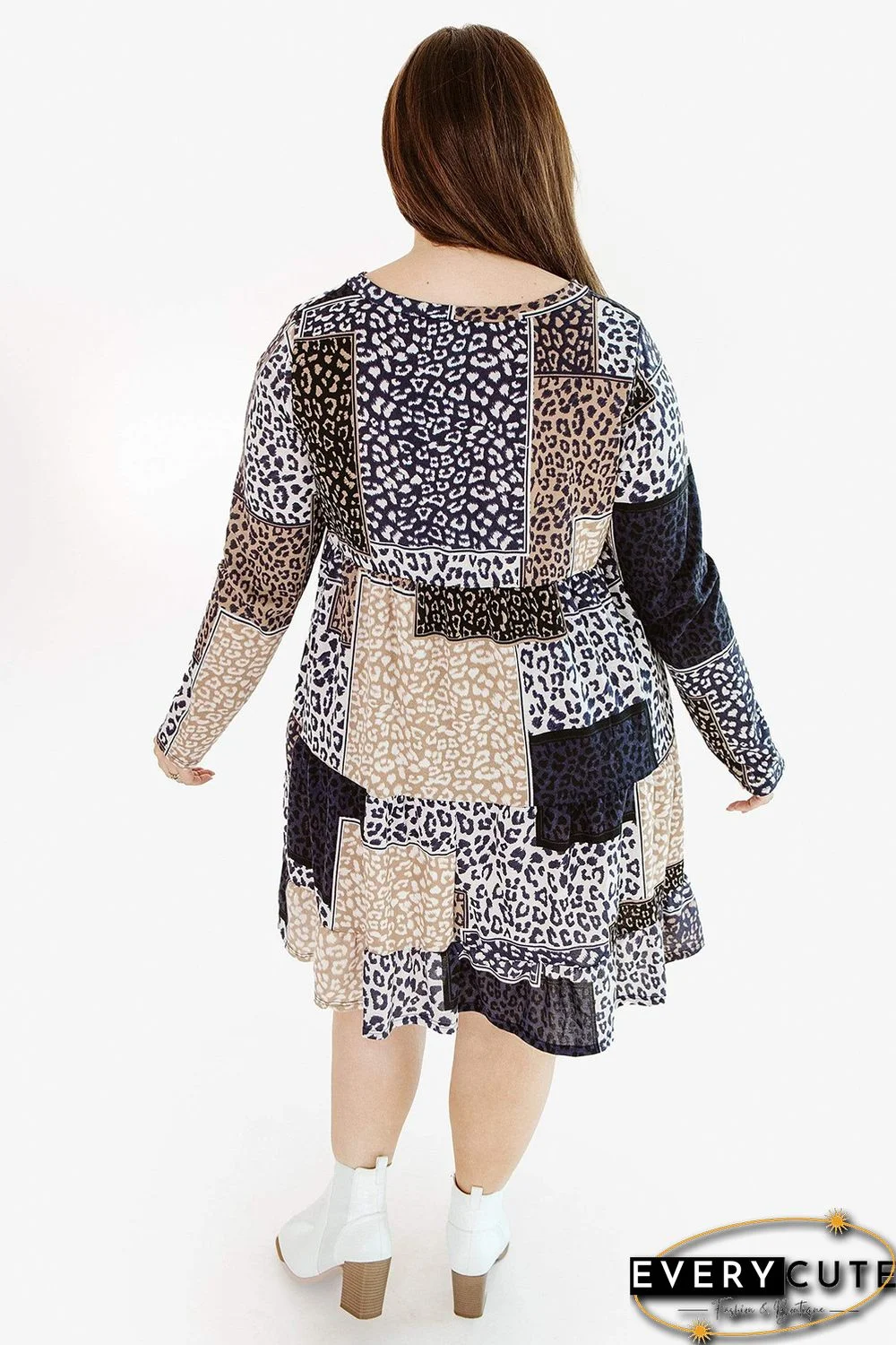 Plus Size Long Sleeve Mixed Leopard Dress