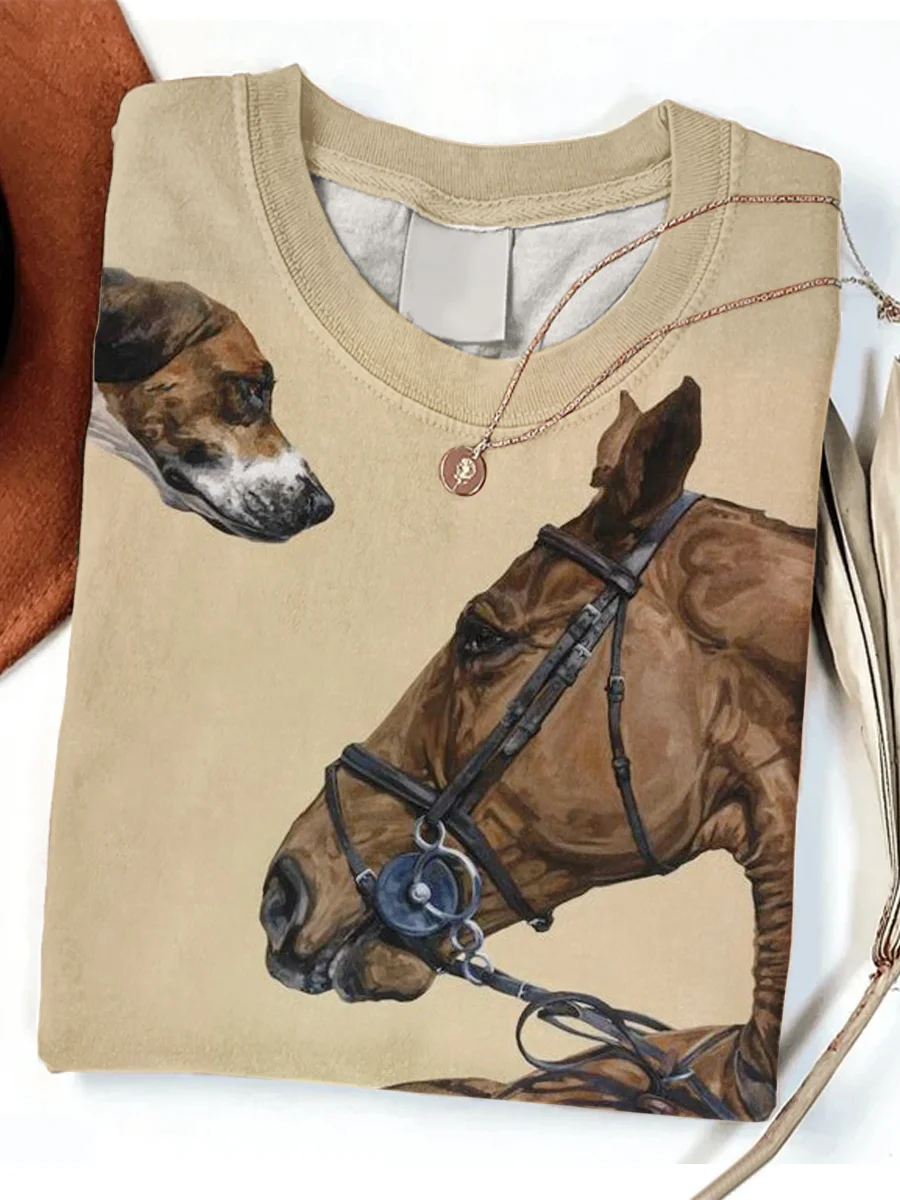 Retro Art Dog Horse Printed T-Shirt