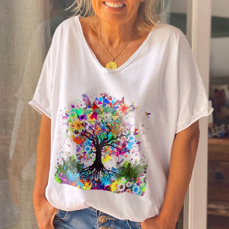 Oversize Beautiful Multi-color Tree Printed Women T-shirt