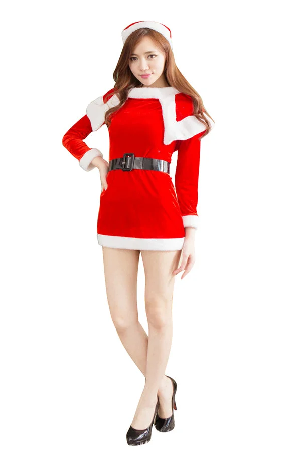 Womens Long Sleeve Cosplay Dress Santa Claus Christmas Costume Red-elleschic
