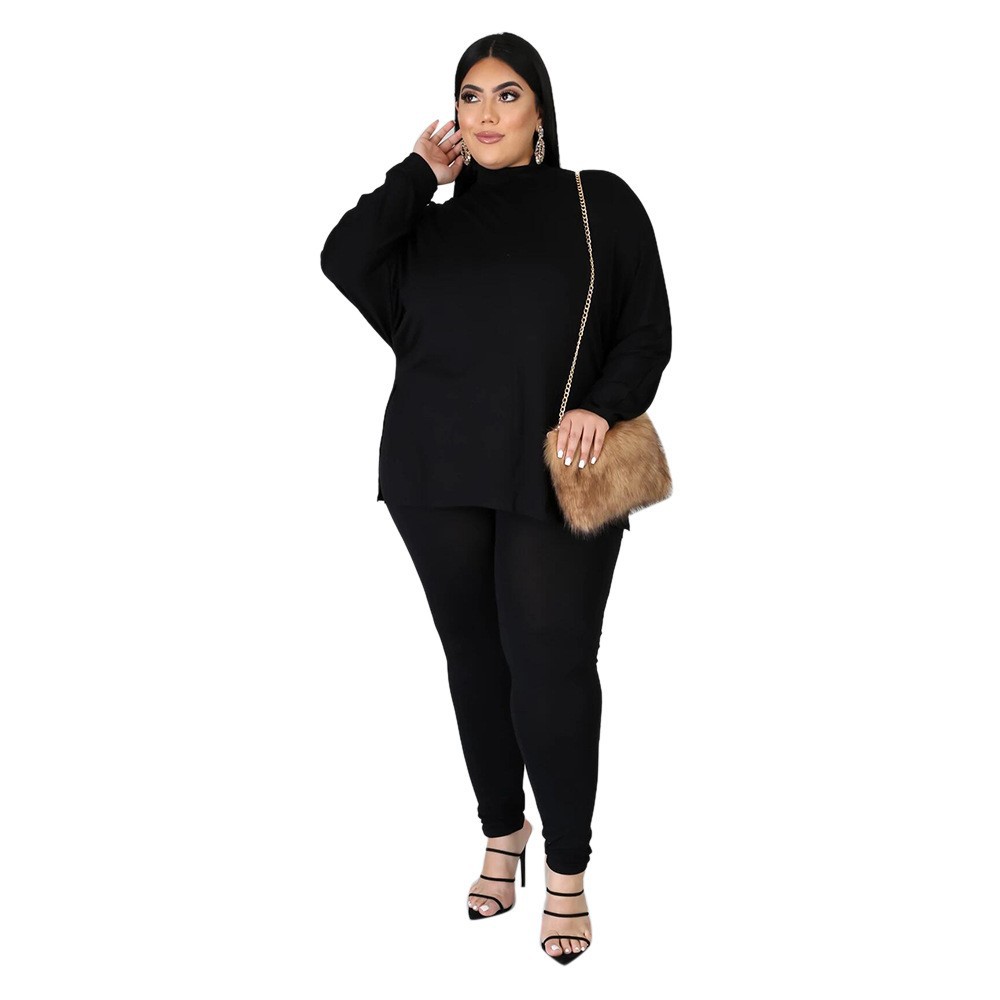 Autumn And Winter High Collar Solid Color Slit Long Sleeve Womens Casual Sports Two Piece