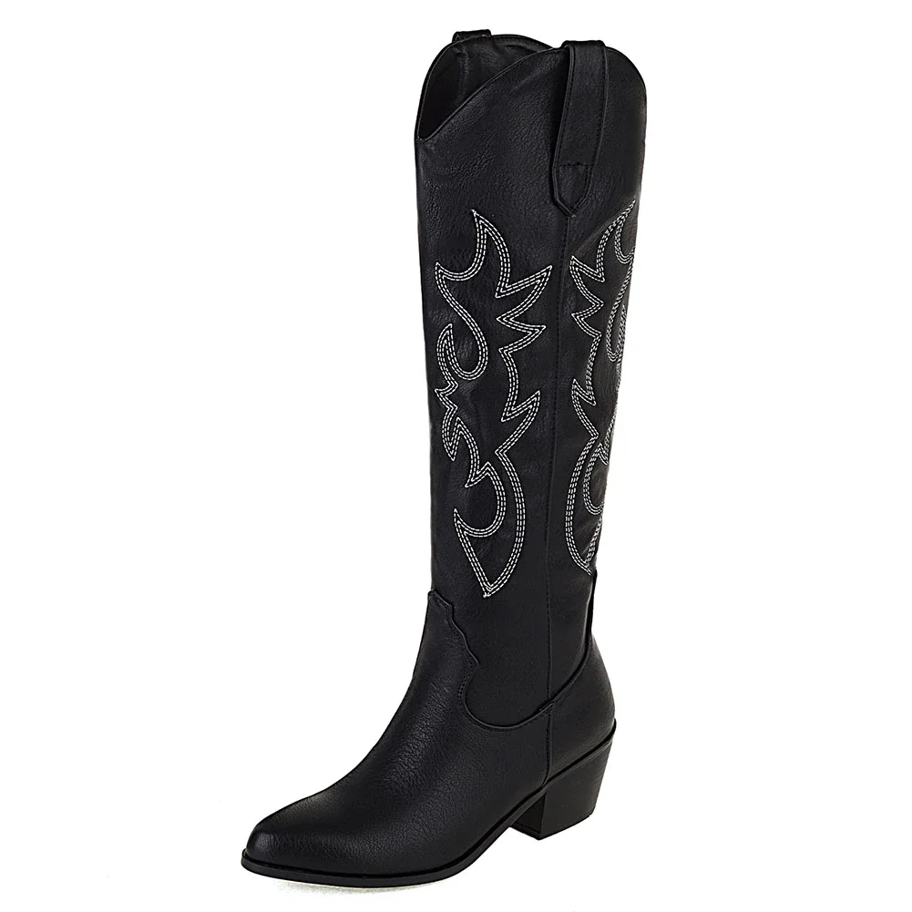 Breakj Size 45 Women's Embroidered Western Knee High Boots Cowboy Cowgirl Boots Chunky Heel Platform Boots Women Western Shoes