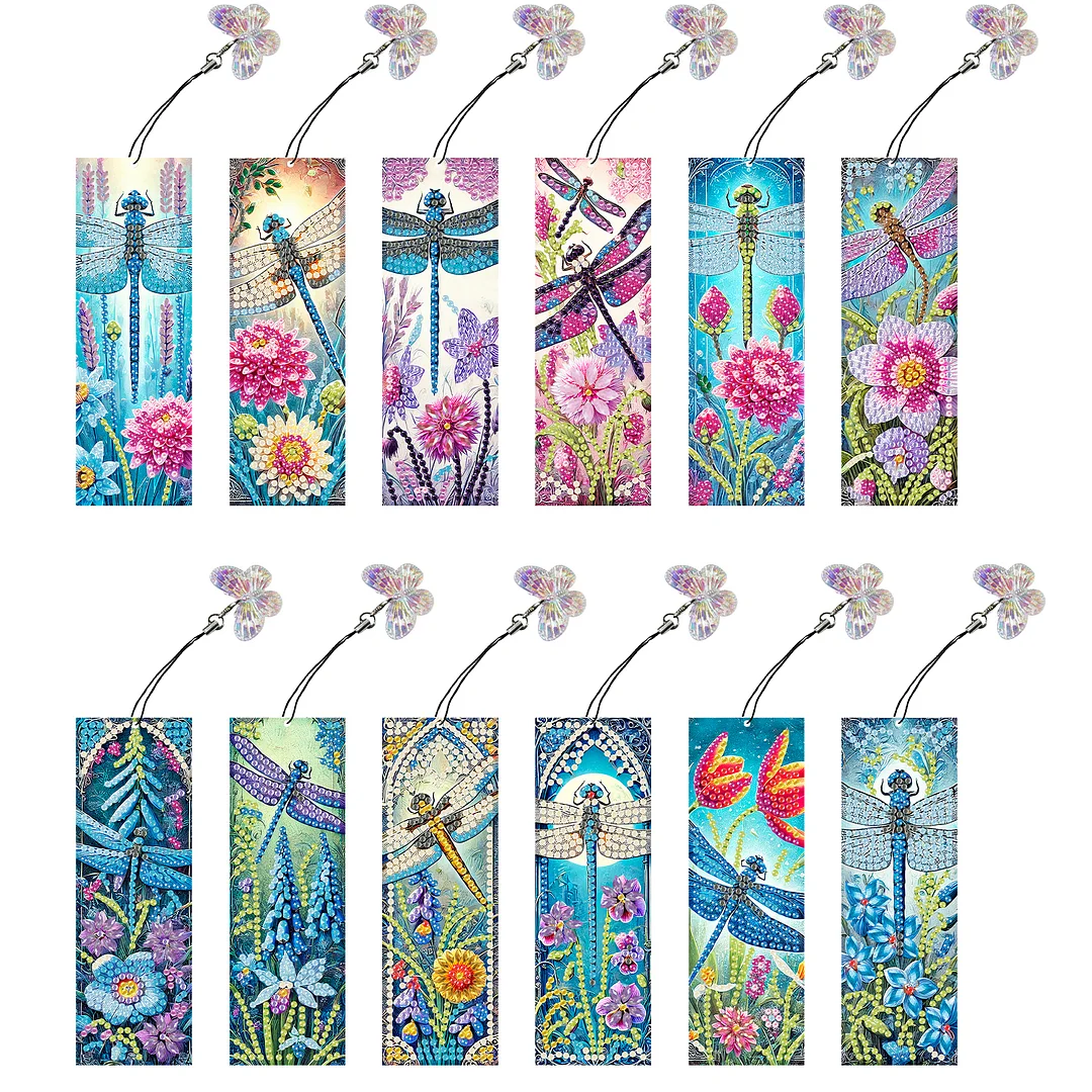12Pcs Dragonflies Flowers DIY Diamond Art Painting Bookmark for Beginners Adult