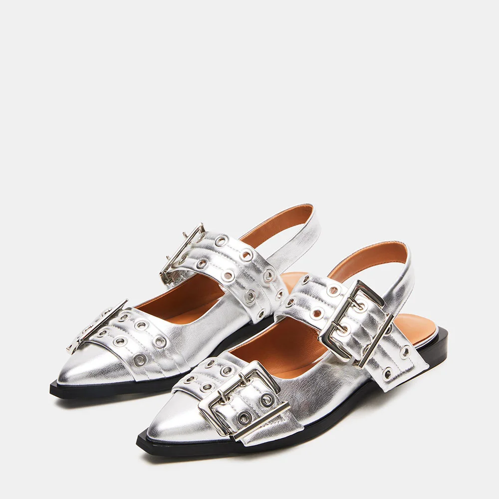 Silver Vegan Leather Snip Toe Studded Buckled Strappy Slingback Flat Pumps Nicepairs