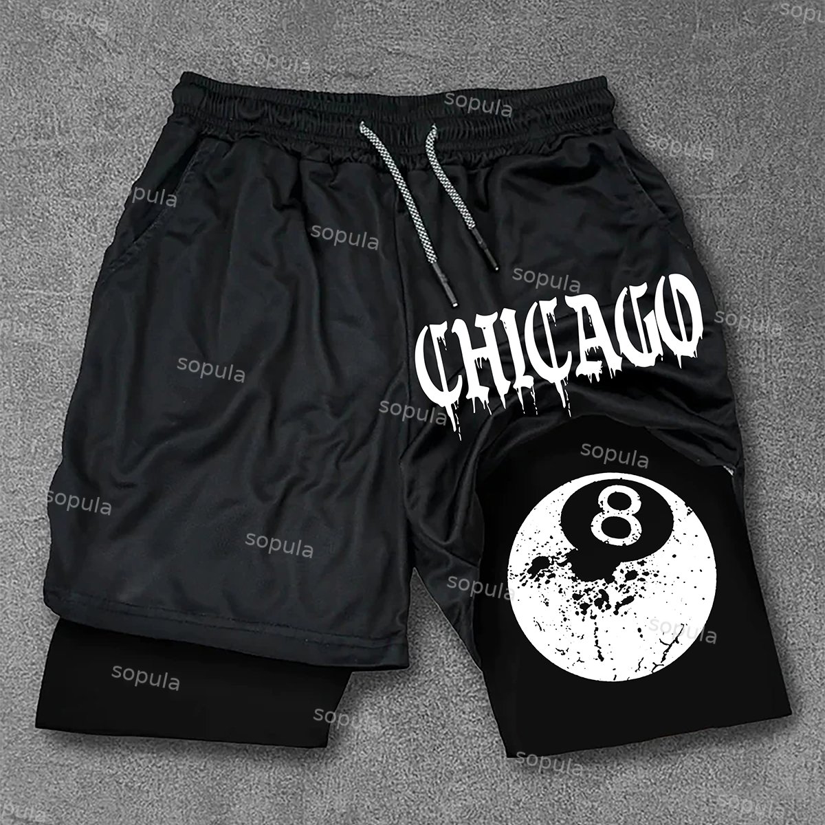 Chicago 8 Ball Print Double Layer Drawstring Shorts - SOPULA