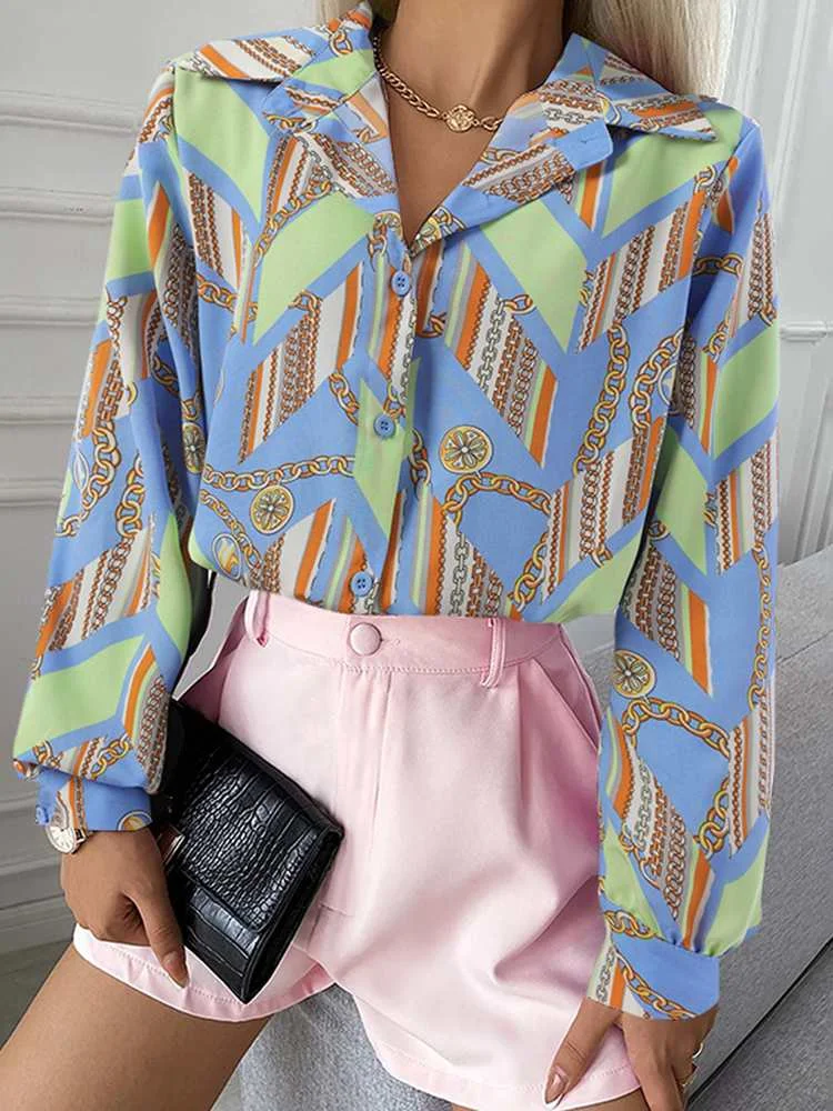 2022 Celmia Fashion Long Sleeve Shirts Vintage Chain Printed Women's Blouses Casual Lapel Button Elegant Office Tops Party Tunic