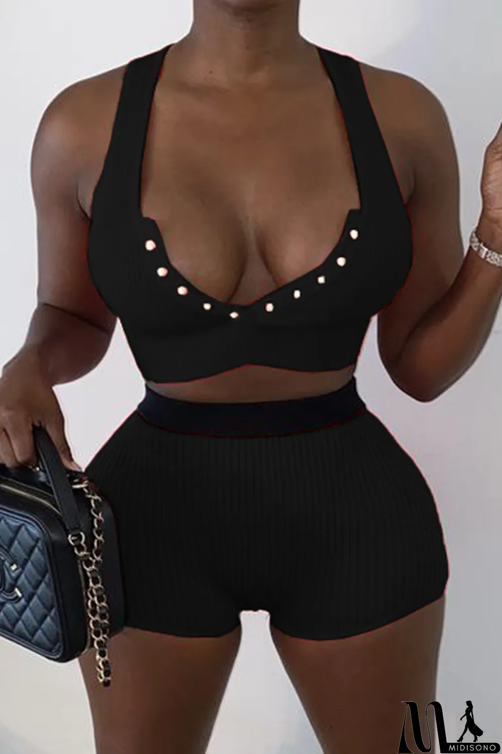 MidiSono - Red Sexy Solid Buckle V Neck Sleeveless Two Pieces