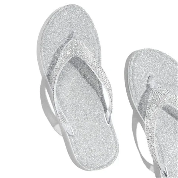 Silver Summer Artificial Leather Rhinestone Seaside Slippers