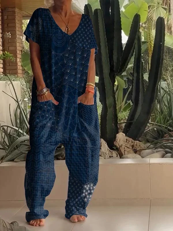 Vintage Sashiko Print V-Neck Jumpsuit