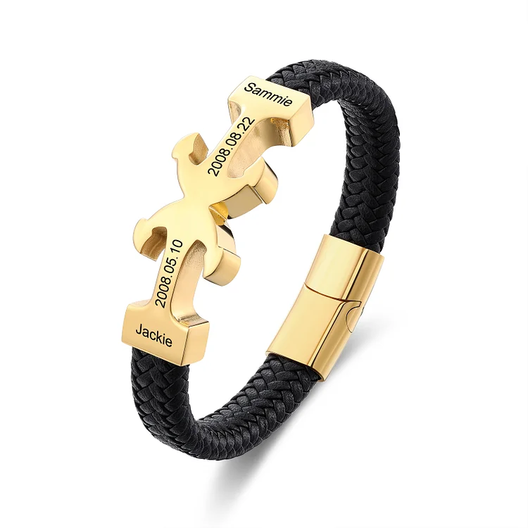 Personalized Men Leather Bracelet with 2 Names Anchor Bracelet For Him