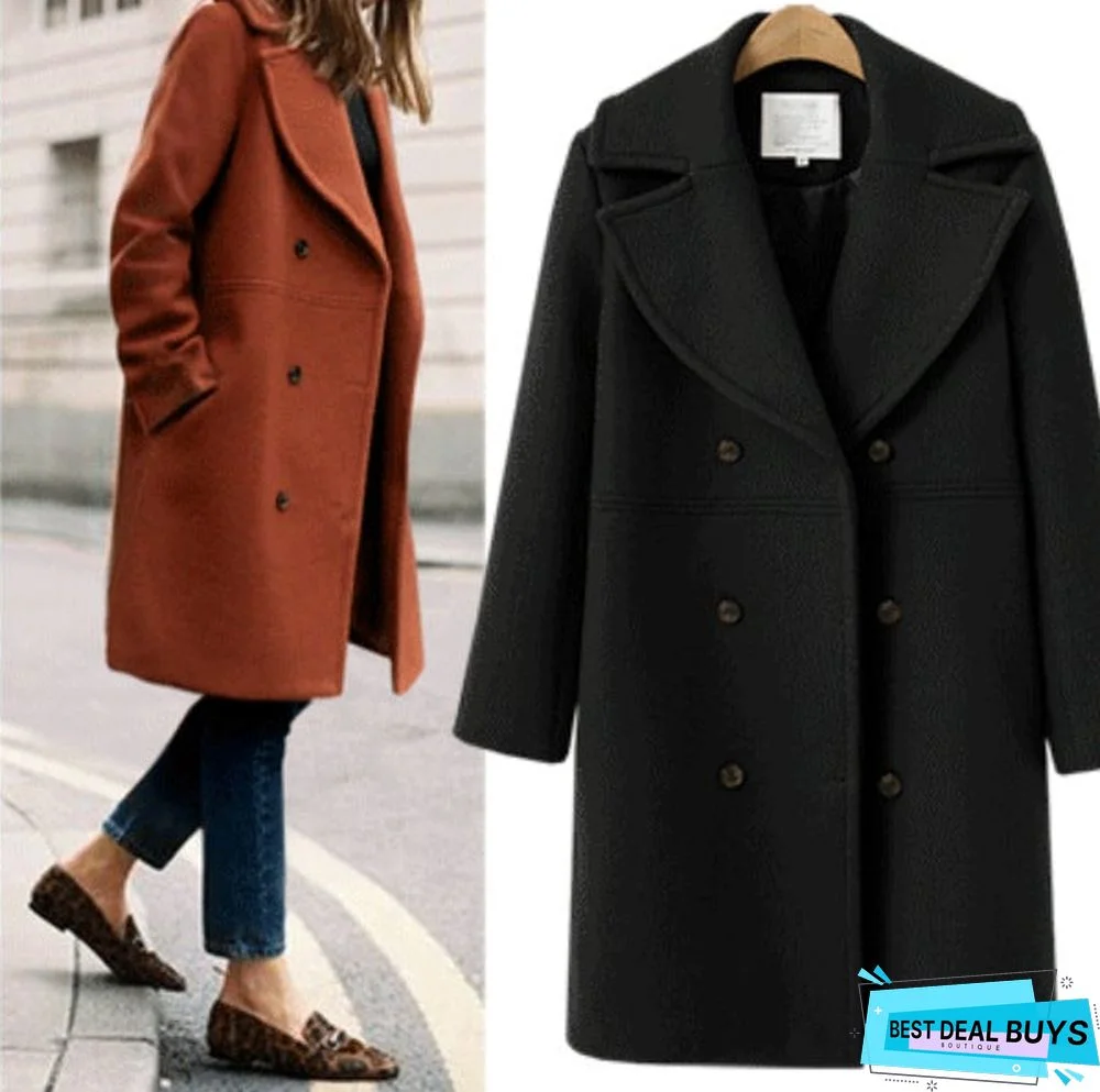 Wool Coat Women's Double Breasted Long Windbreaker Woolen Coat