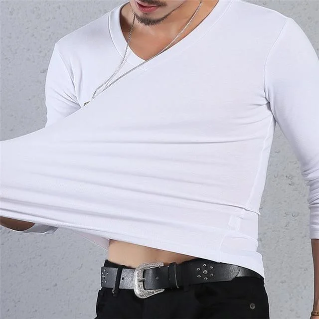 Tight Men T-Shirt Plus Size V-Neck Long Sleeve T-Shirt Men Fitness Clothing Slim Fit Fashion T-Shirt Men