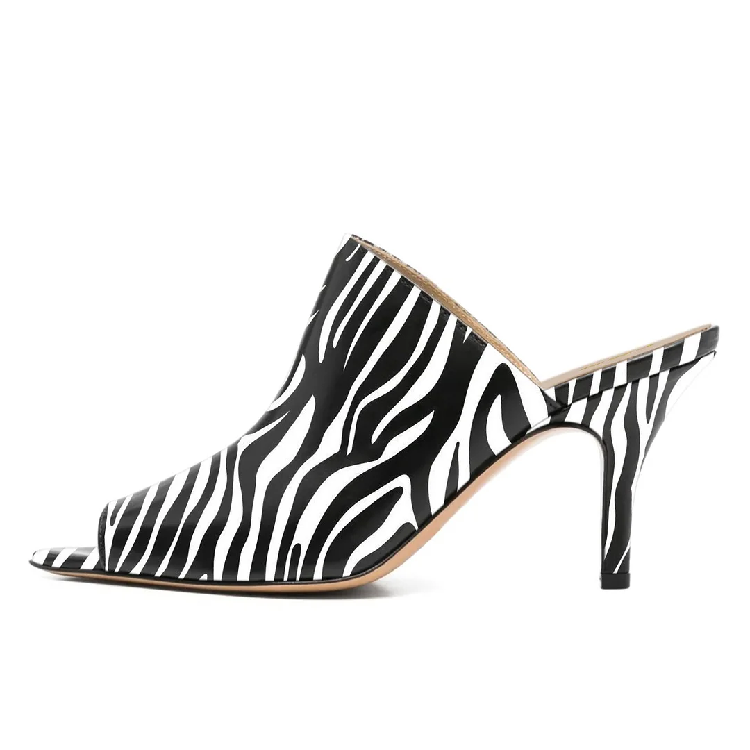 Black & White Peep Toe Stiletto Heel Zebra Print Mule Shoes for Women
