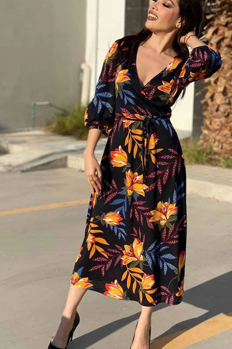 Stitching Flower Picture Double V-neck Midi Dress