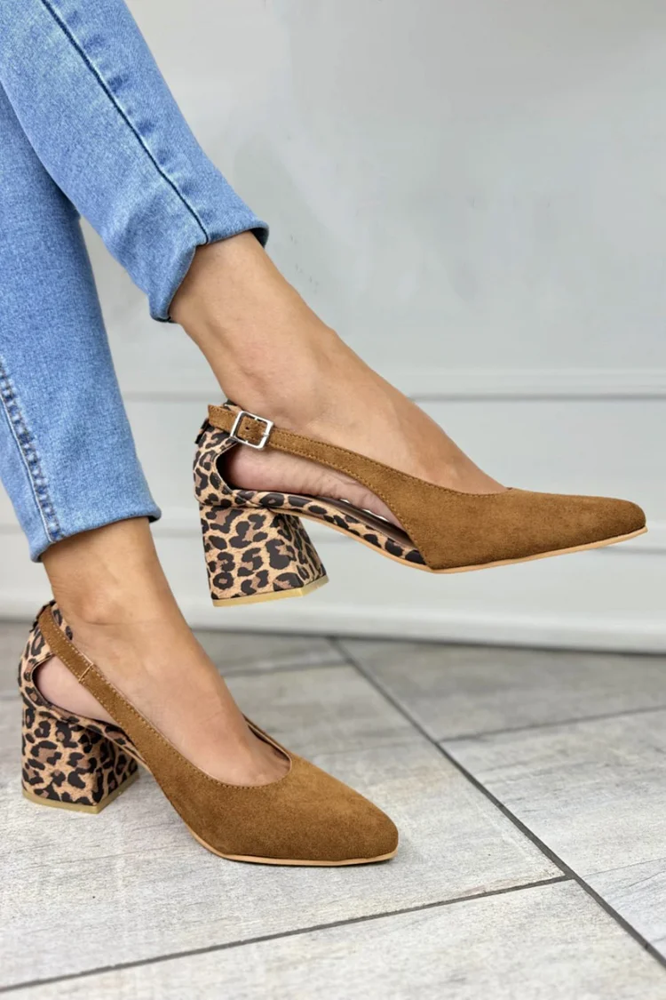 Leopard Print Cutout Pointed Toe Light Brown Chunky Heels [Pre Order]