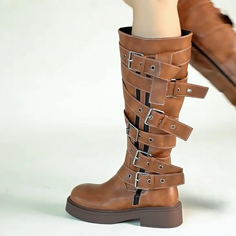VCshoes Shoes Wasteland Style Square Toe Retro Belt Buckle Long Boots Women New Side Zipper Thick Heeled Motorcycle Boots Western Cowboy