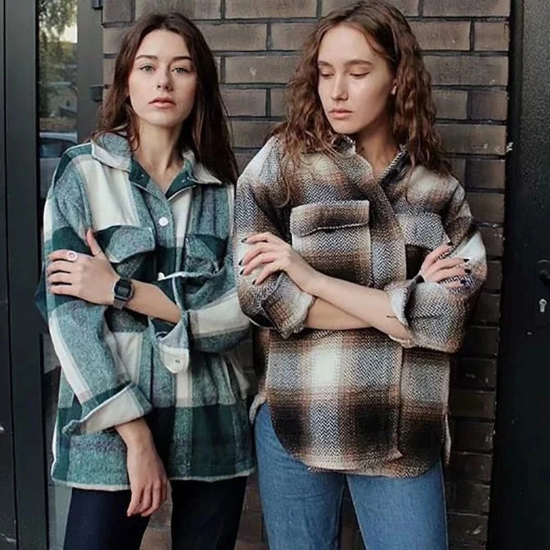 Fitshinling Vintage Checker Blouse Shirt Women Pockets Long Sleeve Tops 2021 High Quality Plaid Oversized BF Shirts Female Sale