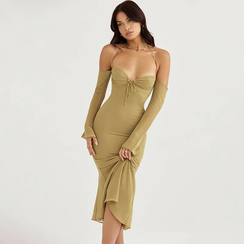 Uveng Uveng High Waist Hanging Neck Sexy Back Solid Color Slim Fish Tail Temperament Dress Long Sleeves