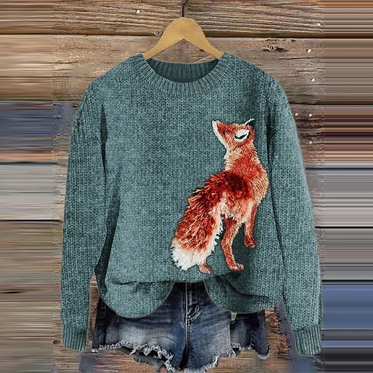 Fox Print Print Cozy Knit Sweater
